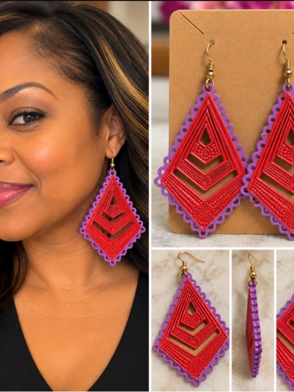 Bold Red and Purple Geometric Drop Earrings - Women Jewelry